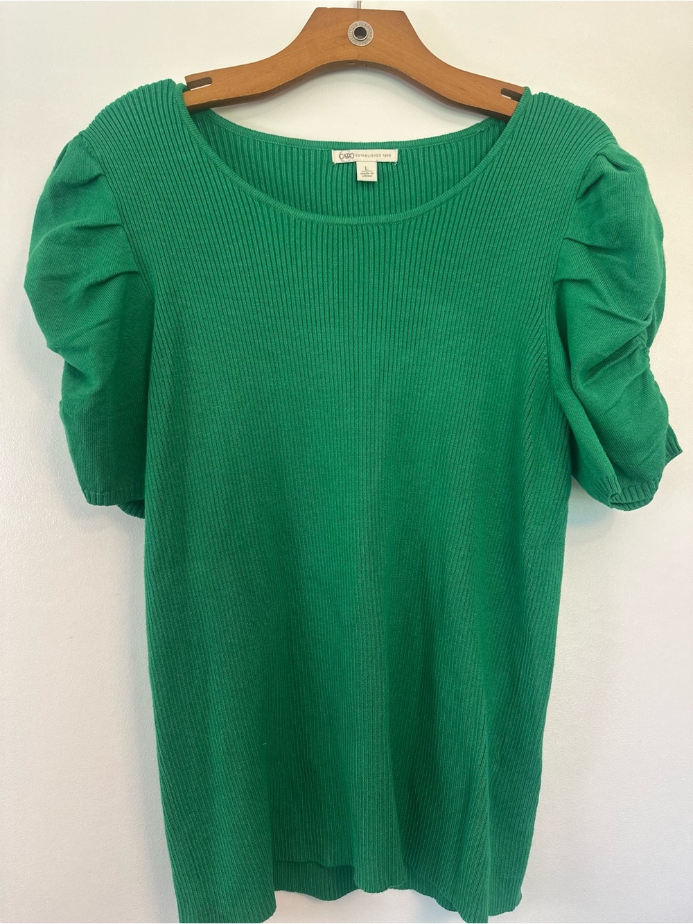 Cato Emerald Green Puff-Sleeve Ribbed Knit Tee